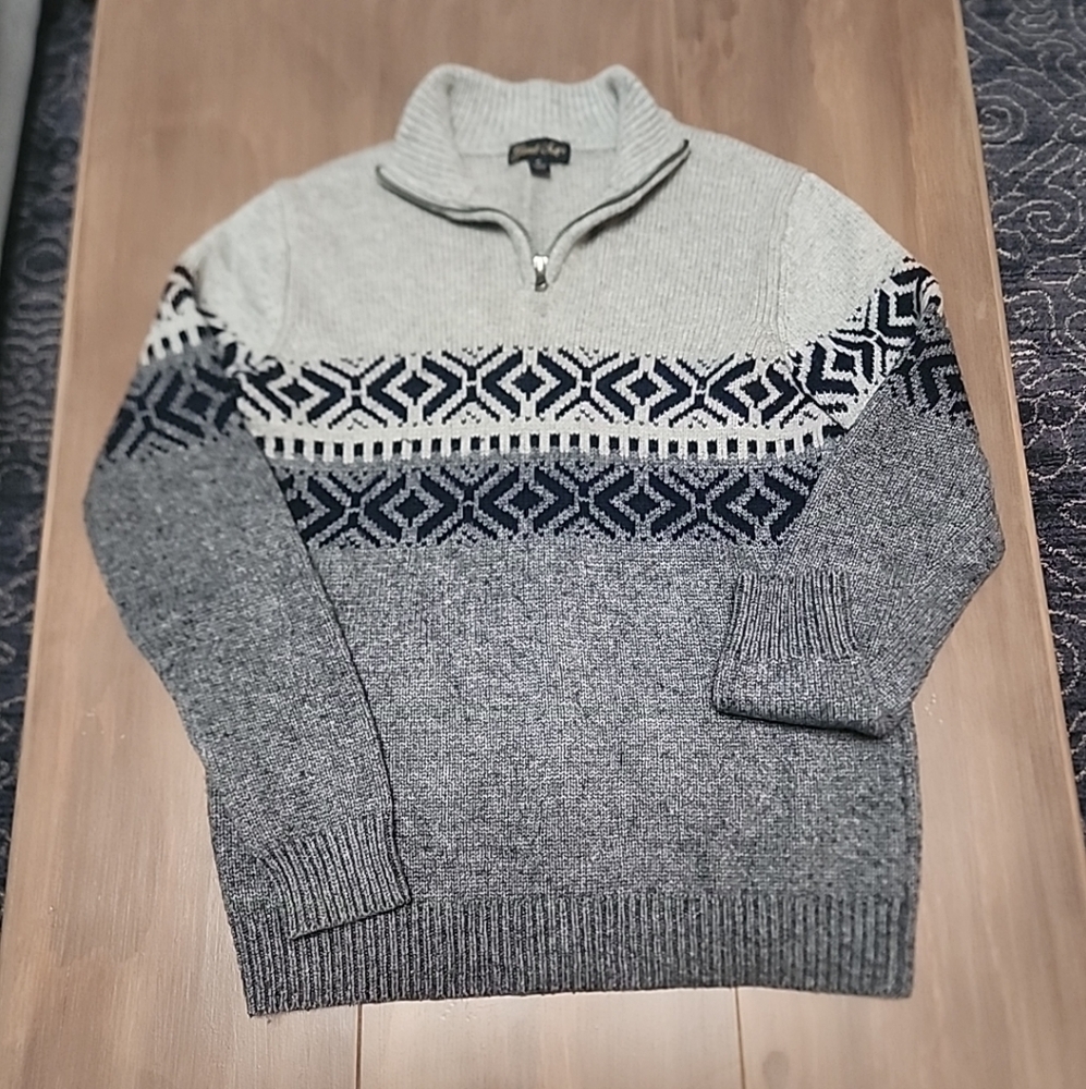Garret Scott Nordic Fair Isle Sweater Wool Blend Knit 1/4 Zip Gray Blue Medium - Picture 2 of 11